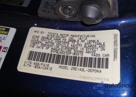 2013 Toyota Corolla L z USA, uszkodzony, nr VIN 5YFBU4EE3DP109315